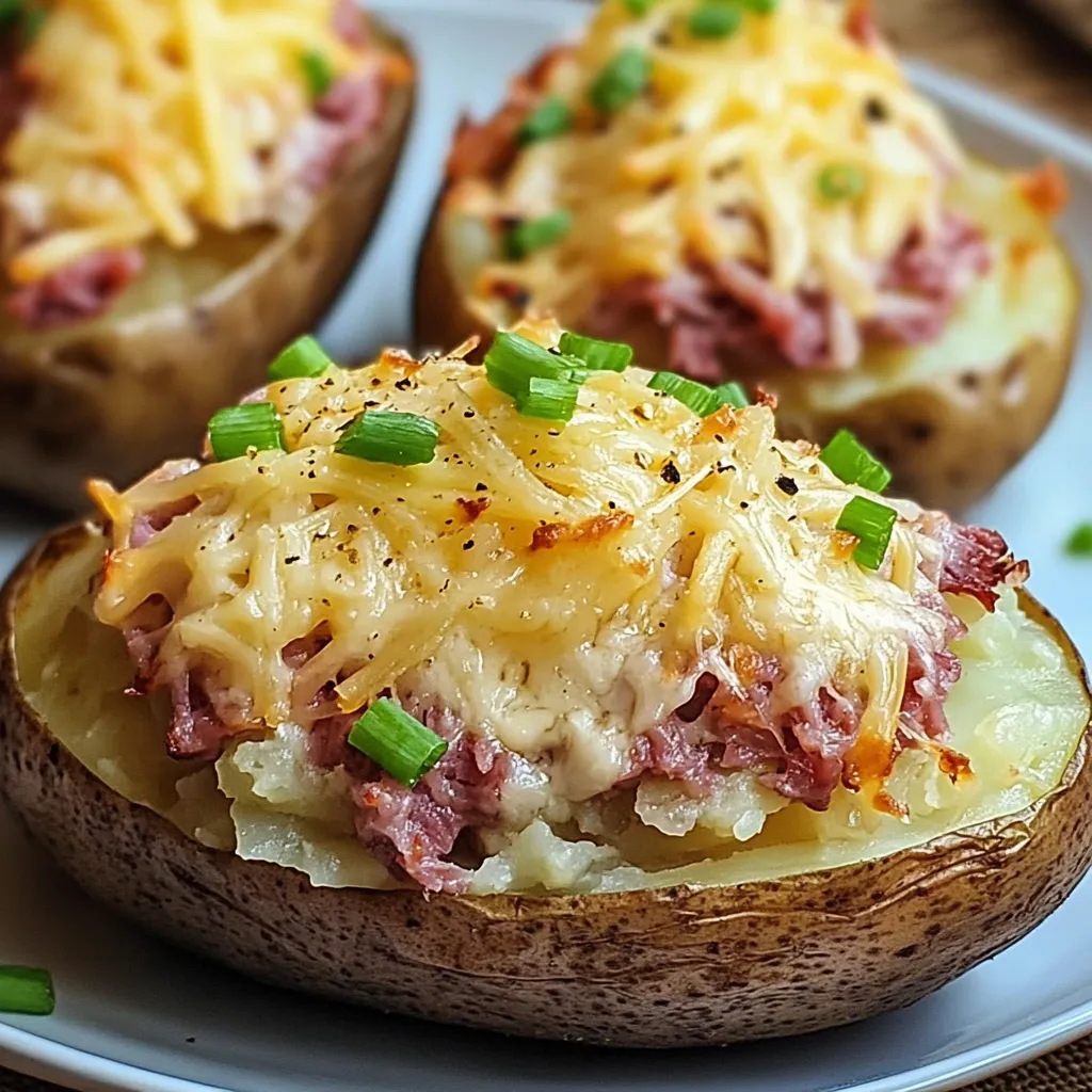 A dish filled with flavorful potato skins and corned beef.