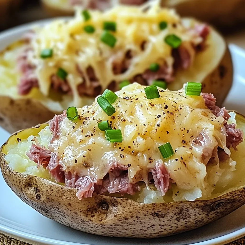 A close up of a potato with meat on top.