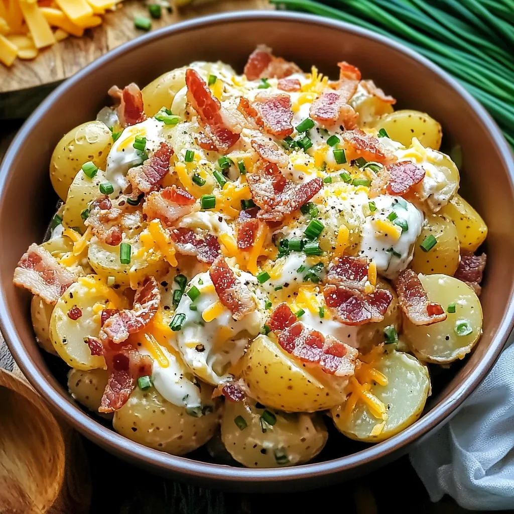 A bowl of food with bacon and potatoes.