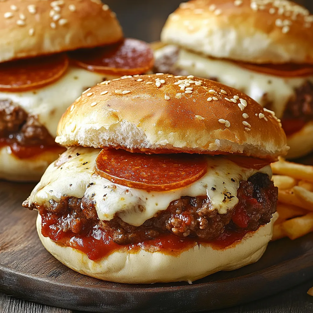 Two burgers with pepperoni and cheese on a wooden tray.