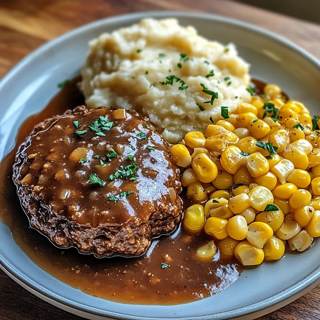 A plate of food with meat, potatoes, corn, and gravy.
