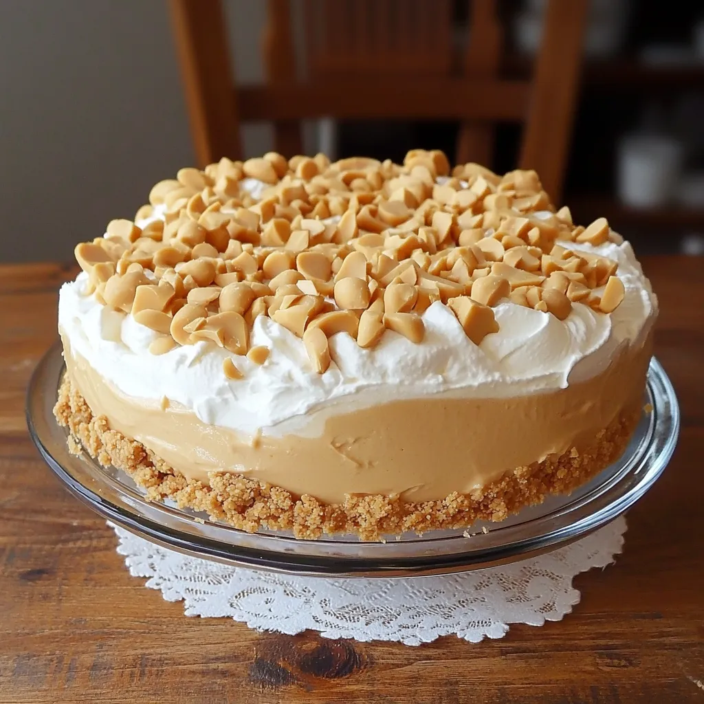 A peanut butter pie slice with creamy topping.