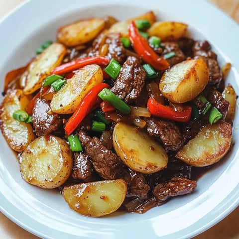 A dish with potatoes, beef, and vegetables on display.