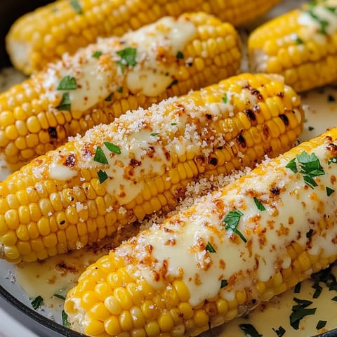 Corn topped with melted cheese in a pan.