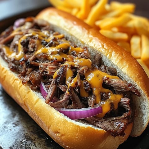 A sandwich loaded with brisket and gooey cheese.