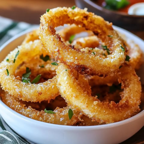 A bowl of crispy onion rings.