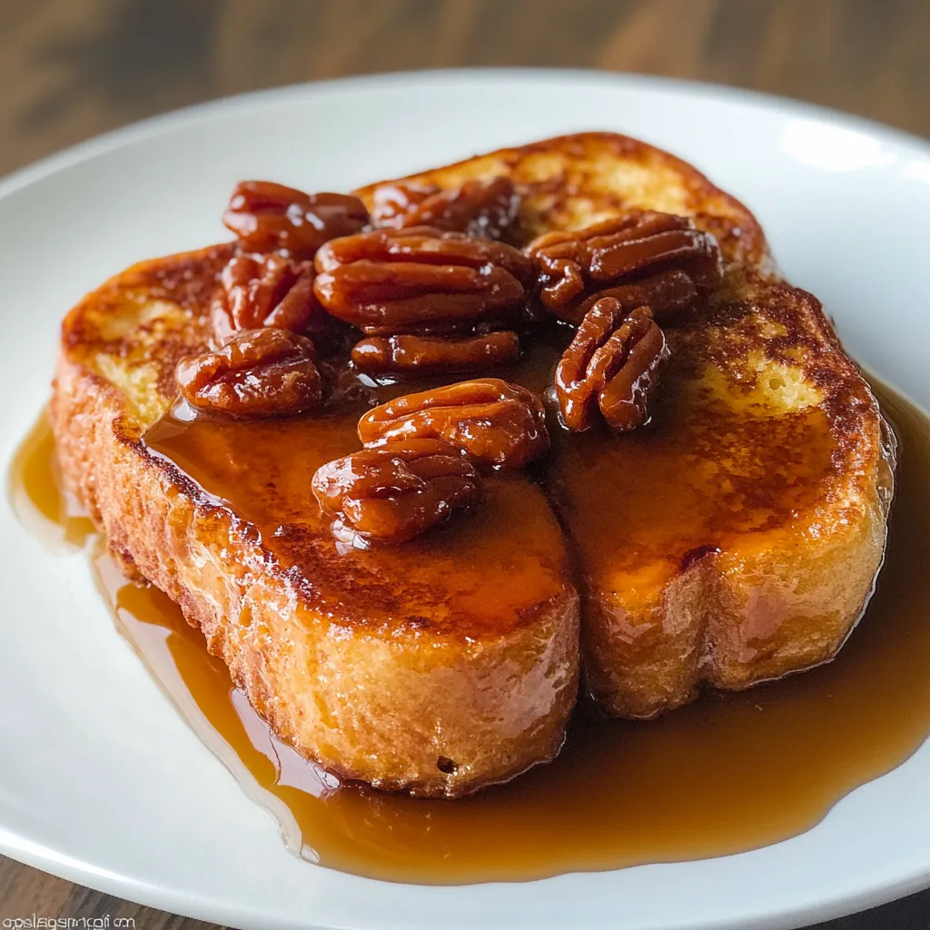 Warm French toast topped with caramel, pecans, and crispy bacon on a plate.