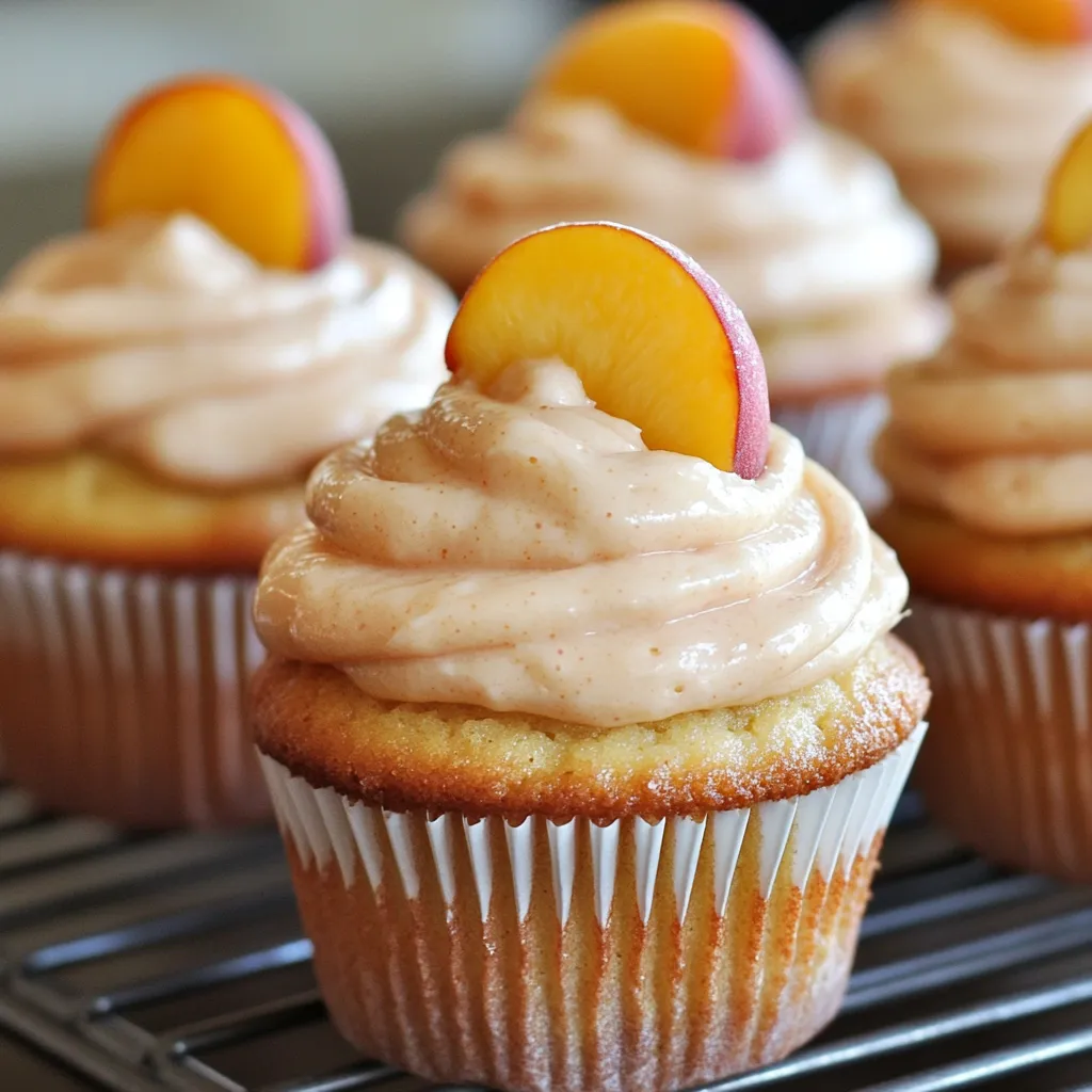 Fluffy cupcake with peach slice on top.
