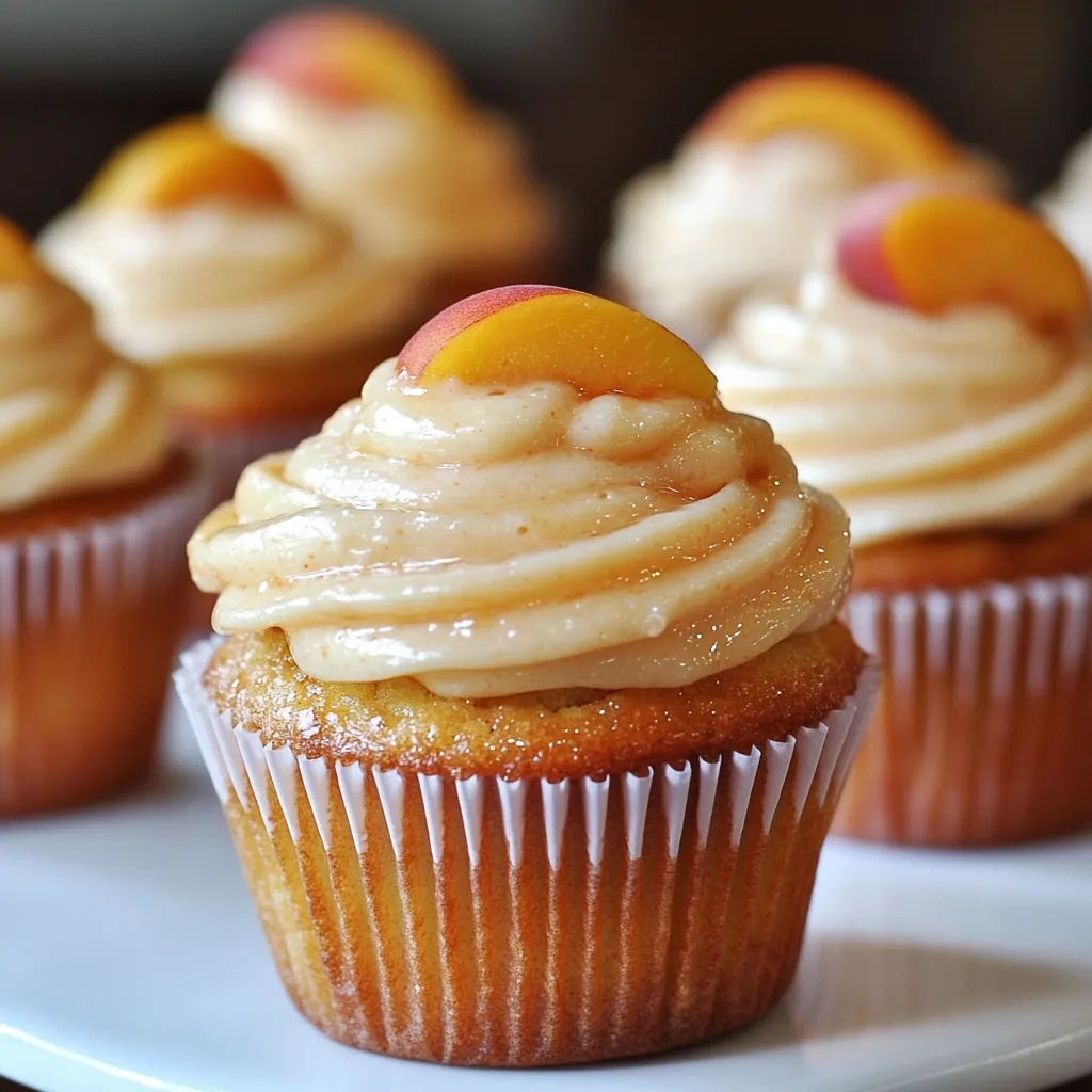 A cupcake with peaches on top.