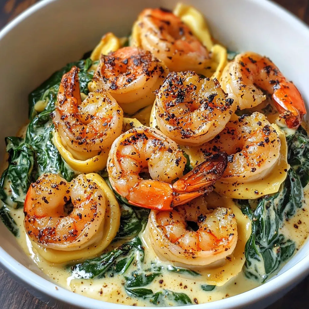 A bowl of shrimp and creamy tortellini.