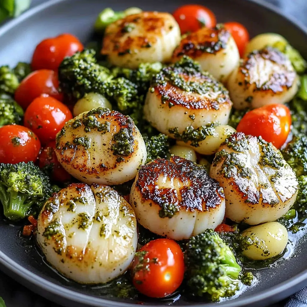 A plate of food with tomatoes, broccoli with scallops.