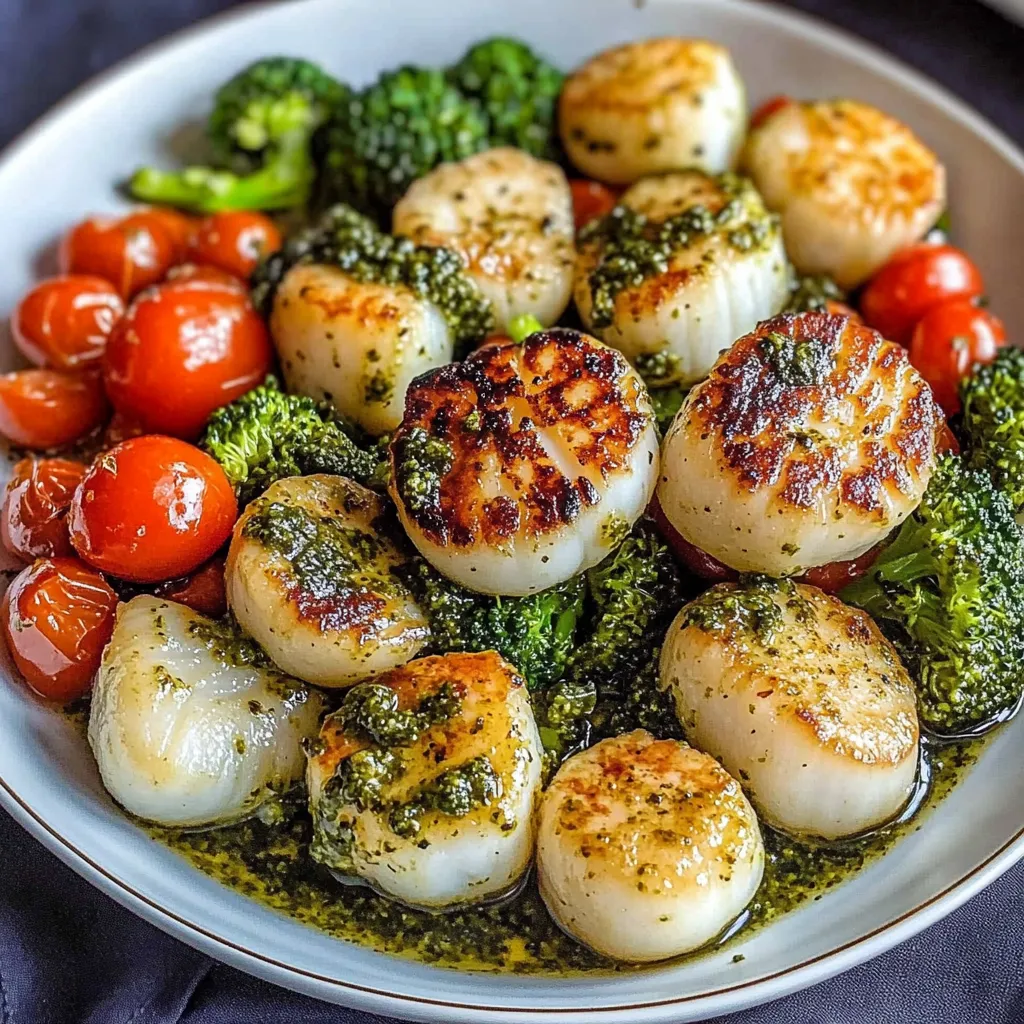 A plate of food with tomatoes, broccoli, and scallops.