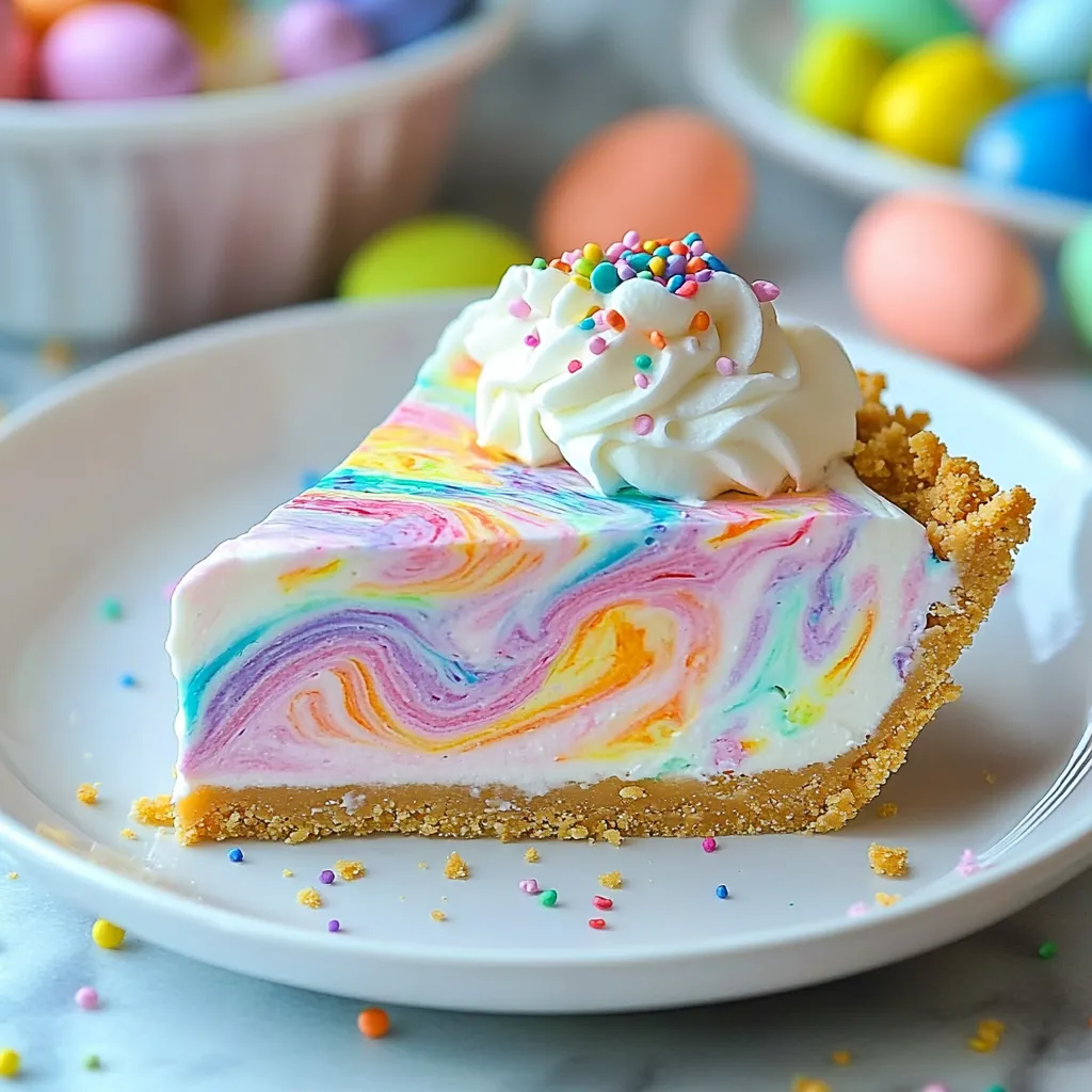 A wedge of colorful pie topped with a fluffy dollop of cream.