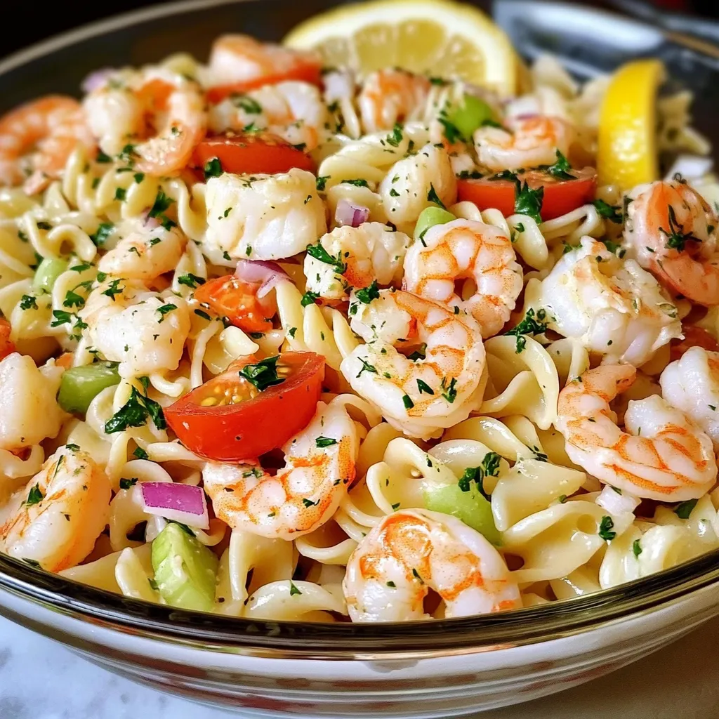 A bowl of shrimp and pasta.