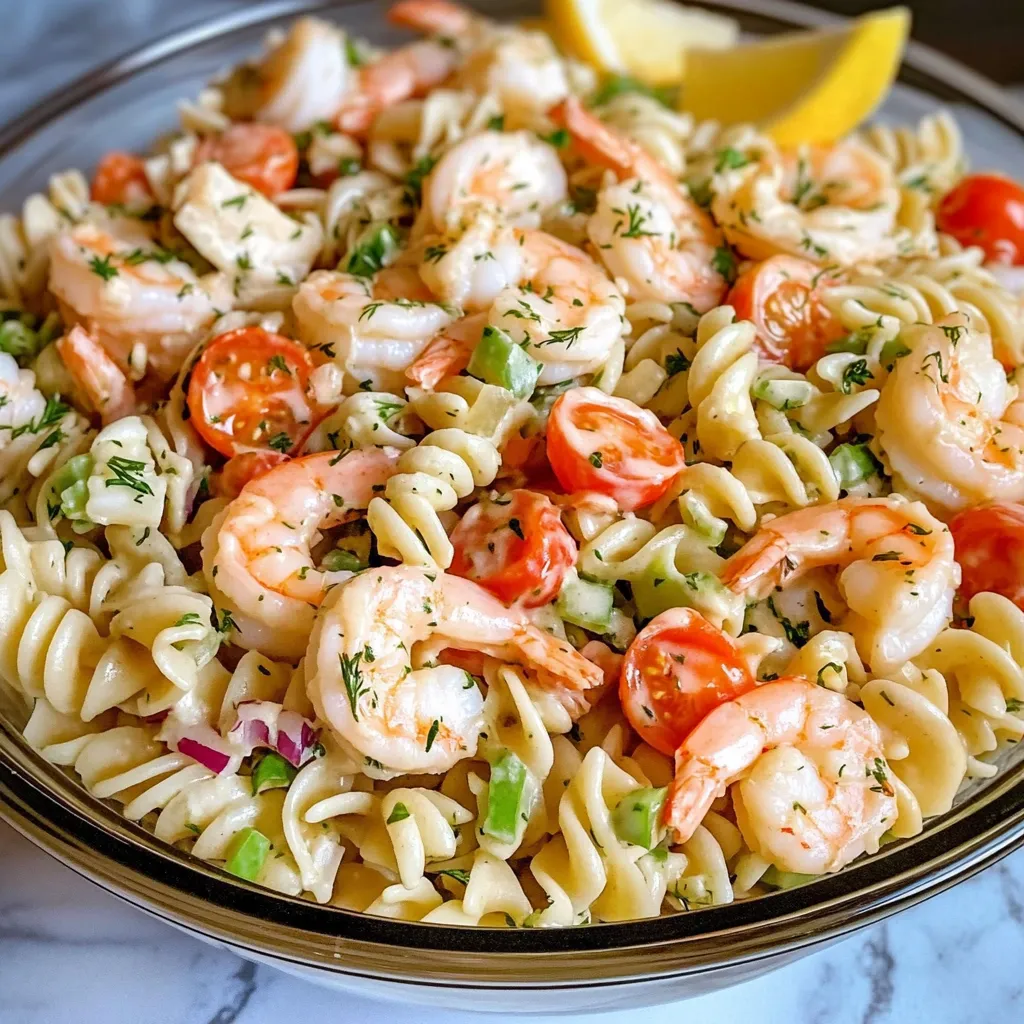 A bowl of shrimp and pasta.