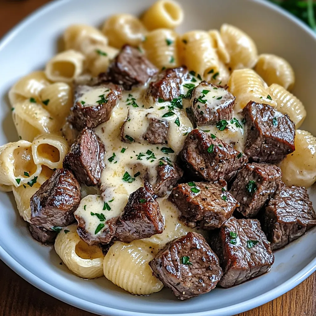 A hearty bowl of pasta loaded with steak bites and cheese.