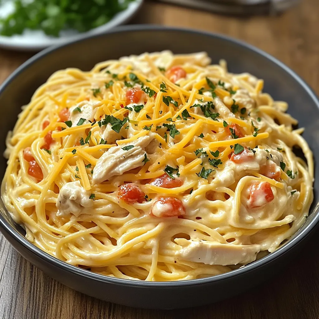 A bowl of pasta with chicken and tomatoes.