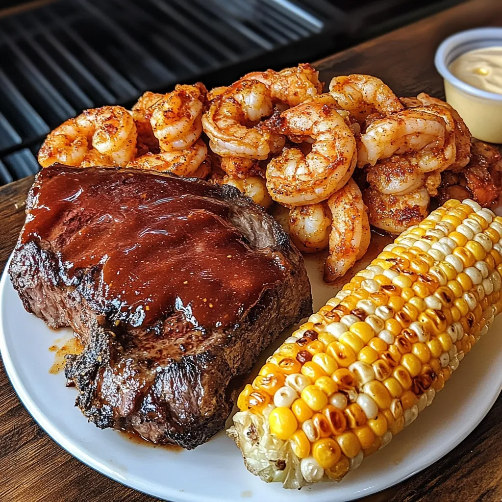A plate of food with shrimp, corn, and meat.