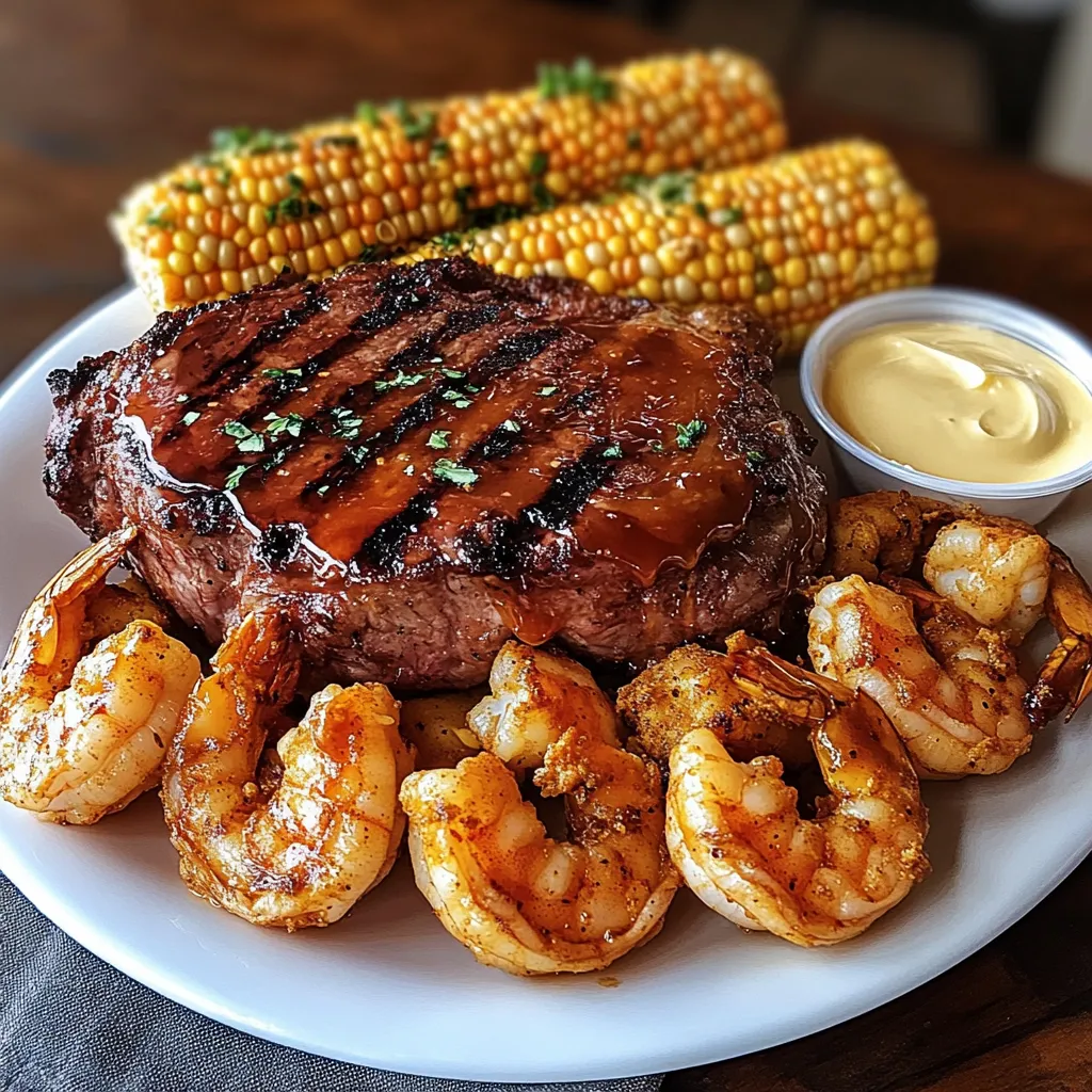 A plate of food with shrimp, corn, and steak.