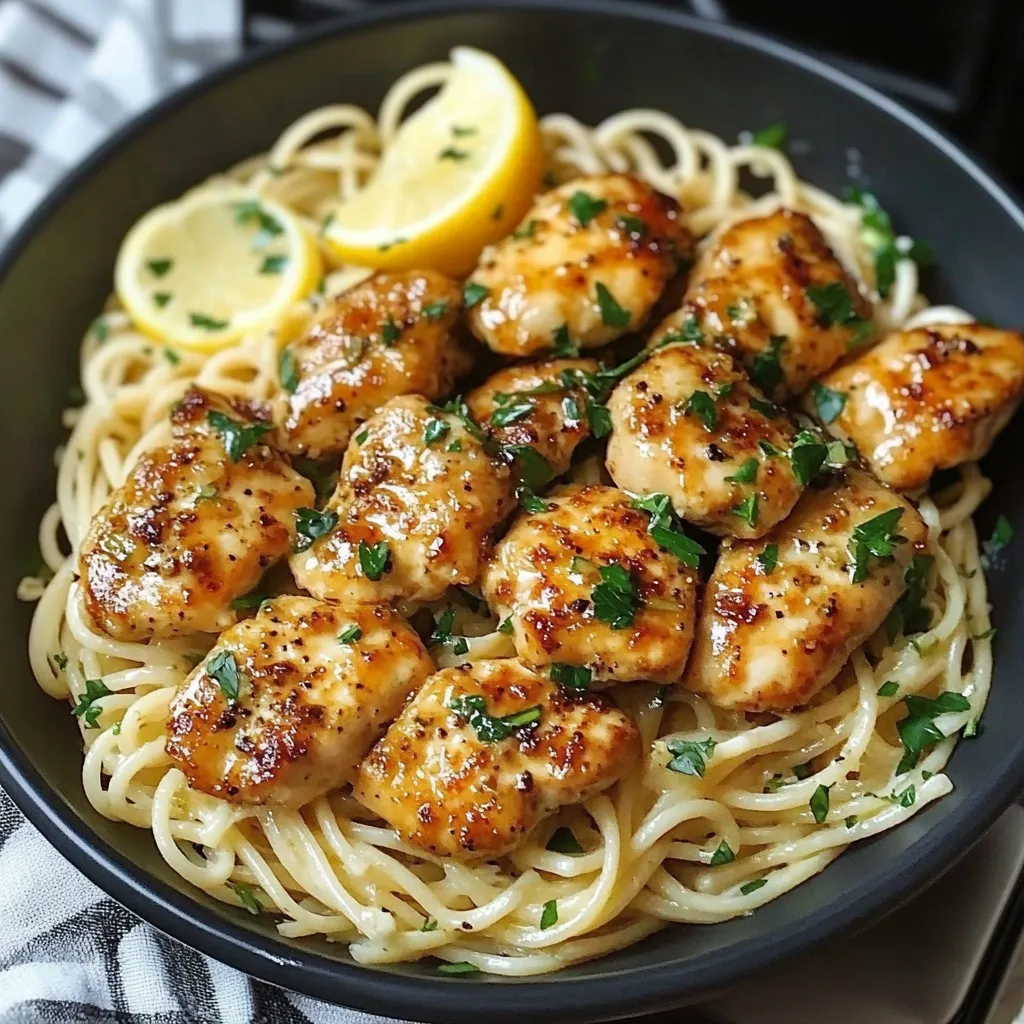 A bowl of pasta with chicken and lemon.