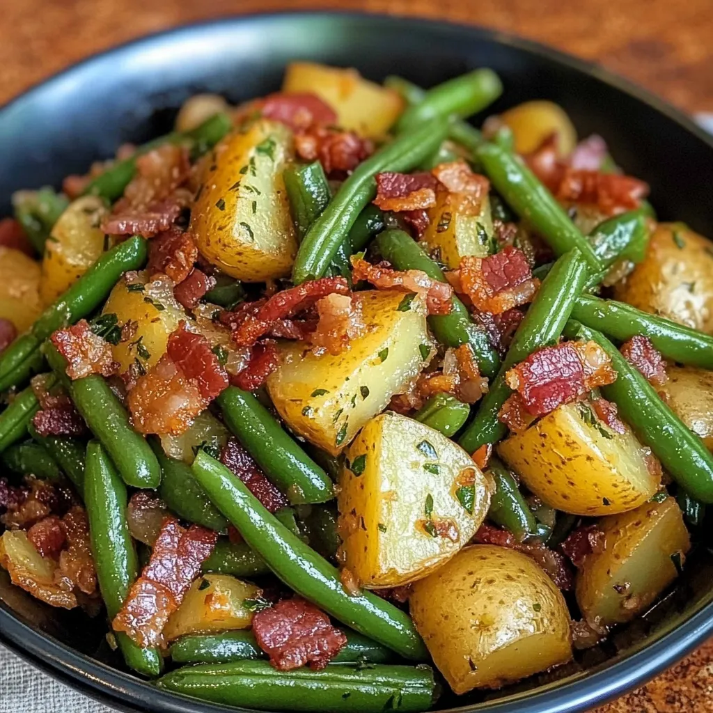 A plate loaded with bacon, beans, and potatoes.