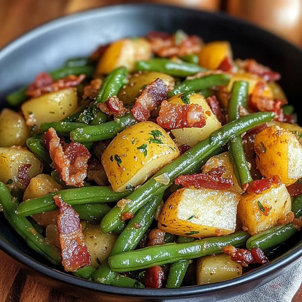 A bowl of food with bacon and green beans.