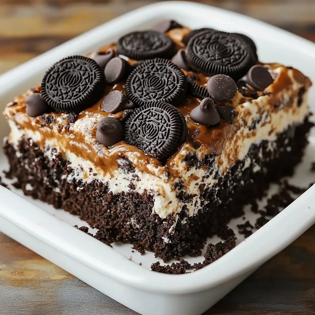 A slice of chocolate cake with Oreo cookies on top.