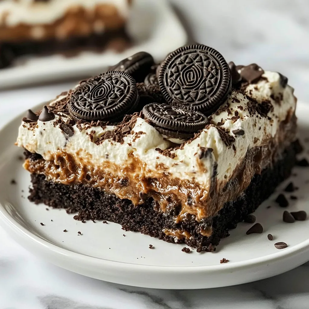 A slice of chocolate cake with Oreo cookies on top.