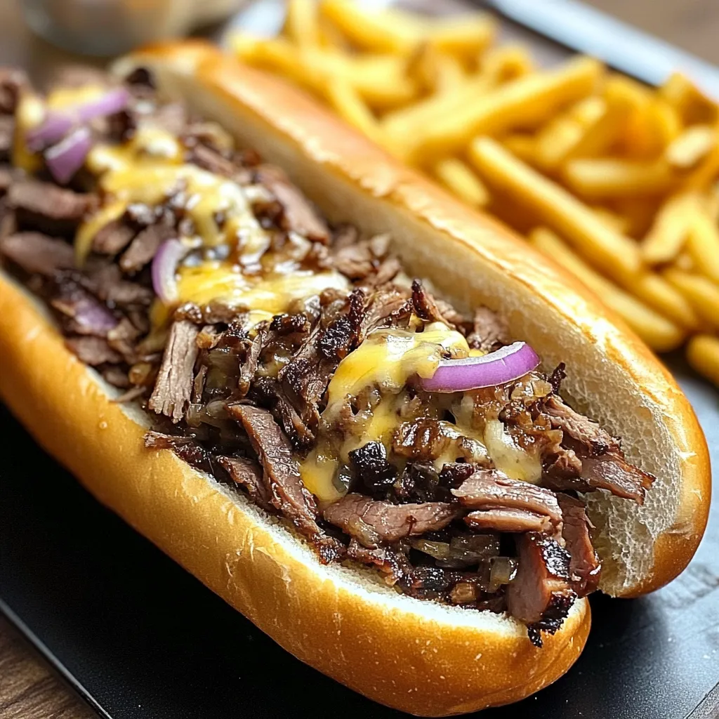 A sandwich with meat and cheese on a bun.