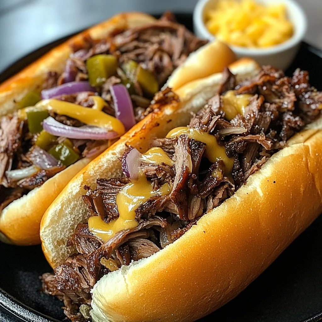 Two beef sandwiches with cheese and onions.