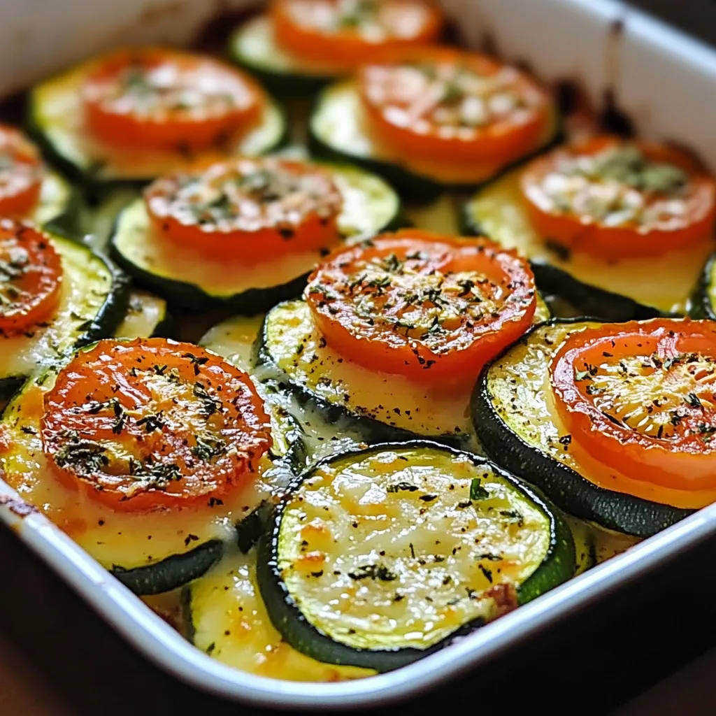 A pan of food with zucchini and tomatoes.