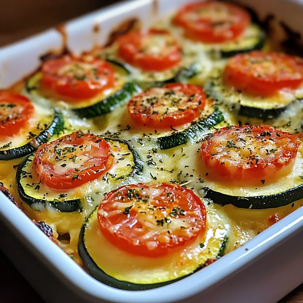 A dish of food with tomatoes and zucchini.