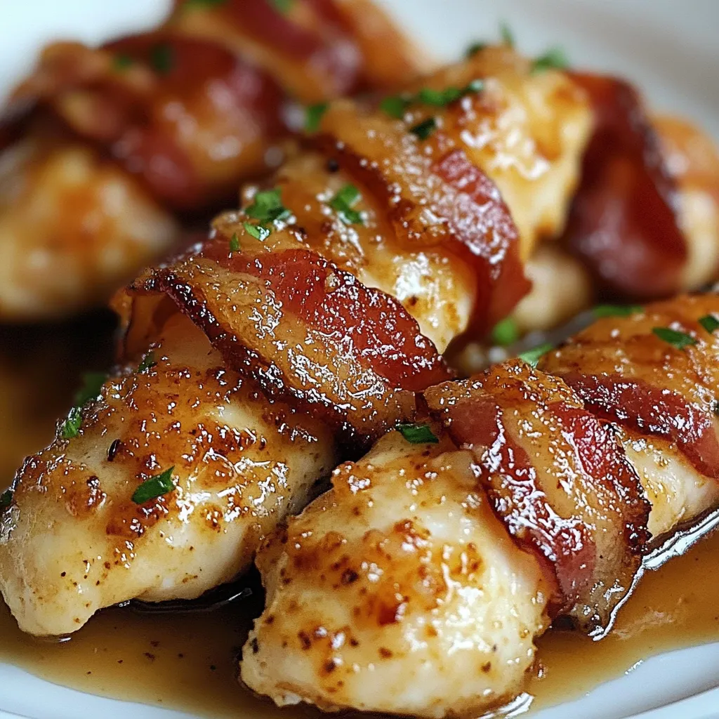 Bacon wrapped chicken with sauce.