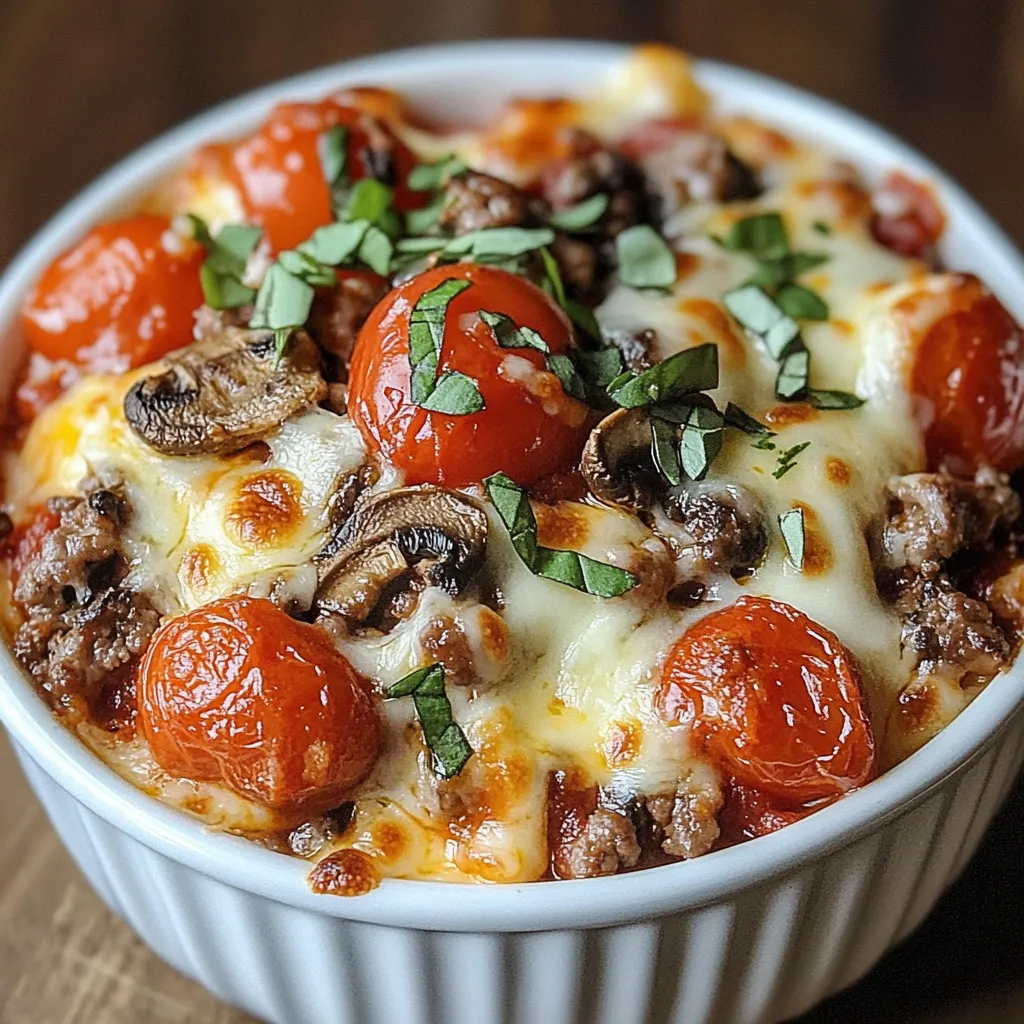 A steaming bowl with fresh vegetables and melted cheese.