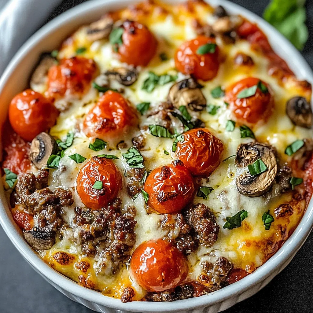 A bowl of food with tomatoes and mushrooms.