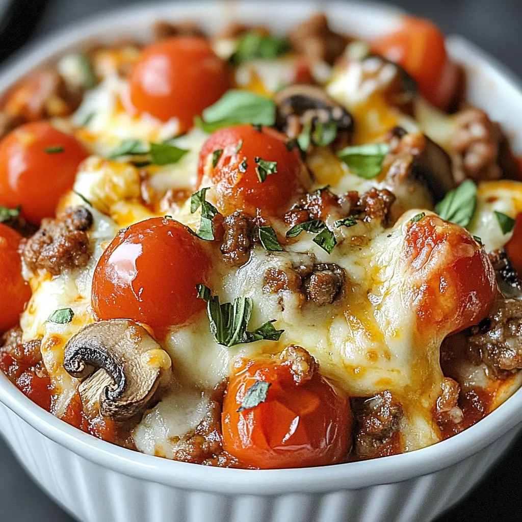 A bowl of food with tomatoes and mushrooms.