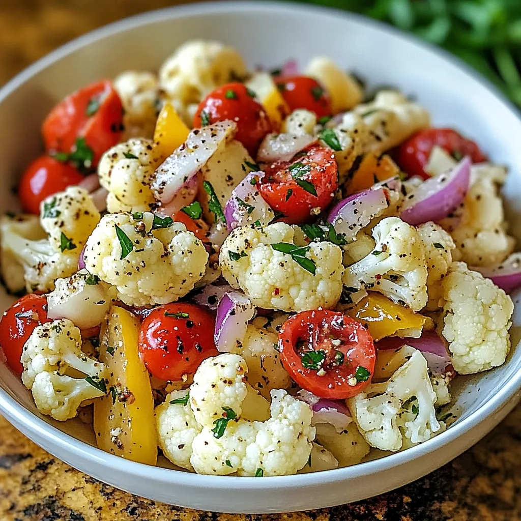 A bowl of vegetables including tomatoes, onions, peppers, and cauliflower.