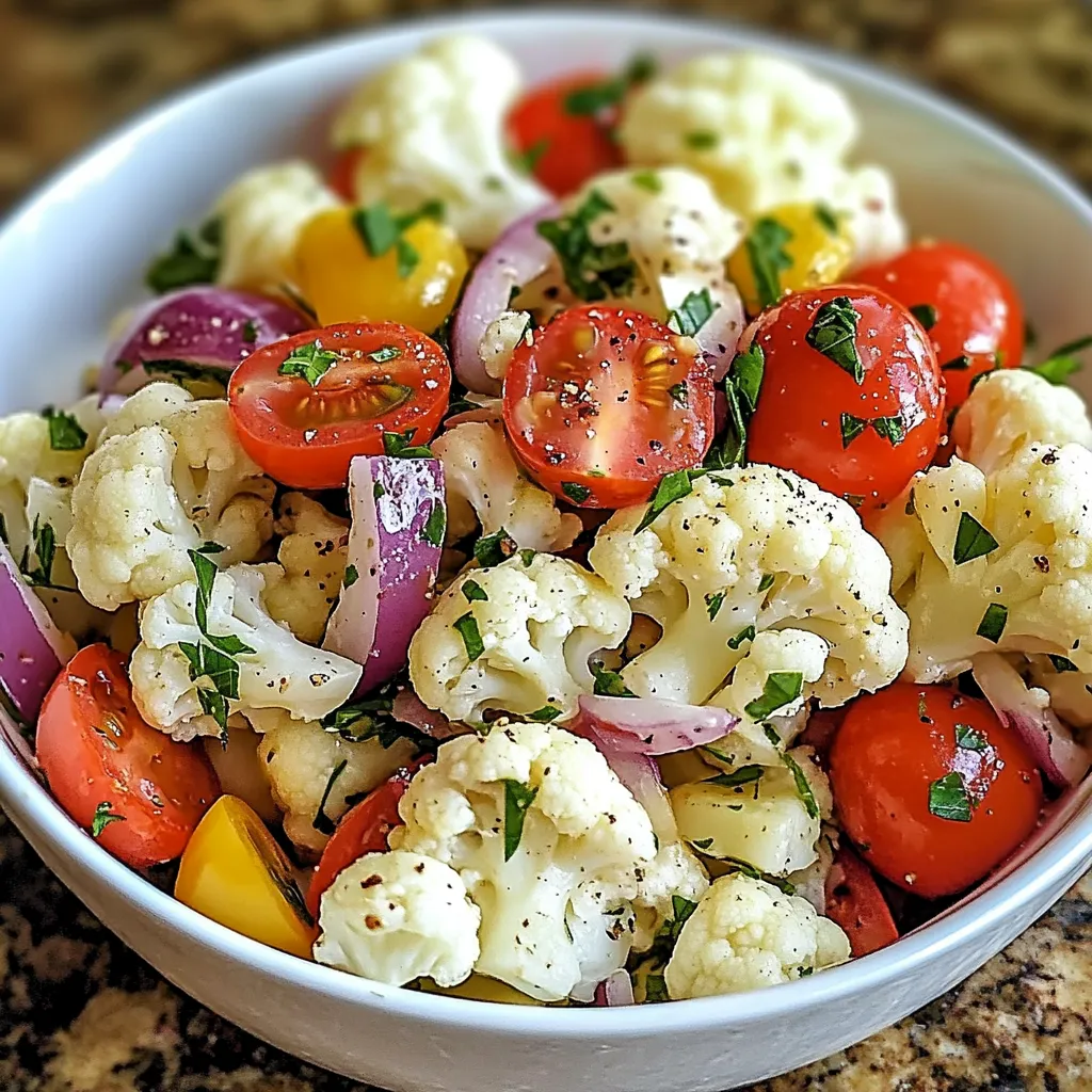 A bowl of vegetables including cauliflower, tomatoes, and onions.