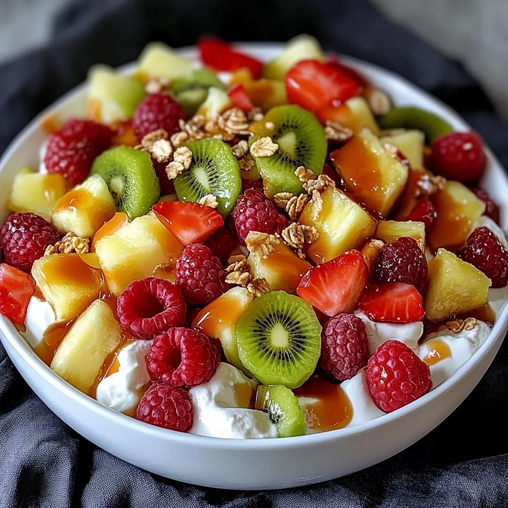 A colorful fruit bowl topped with yogurt.
