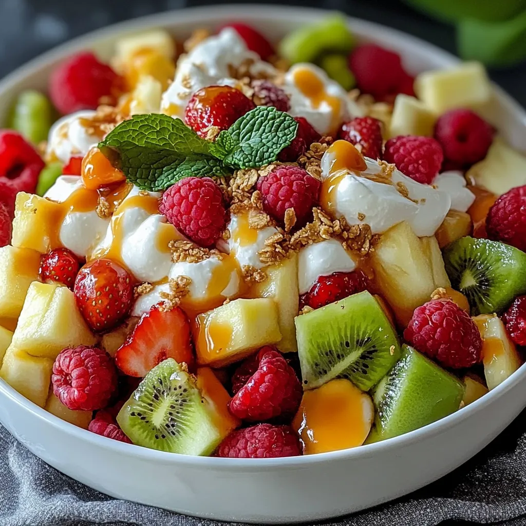 A bowl of fruit with whipped cream.