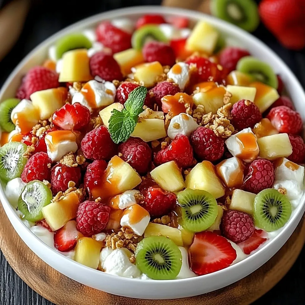 A bowl of fruit with yogurt and granola.