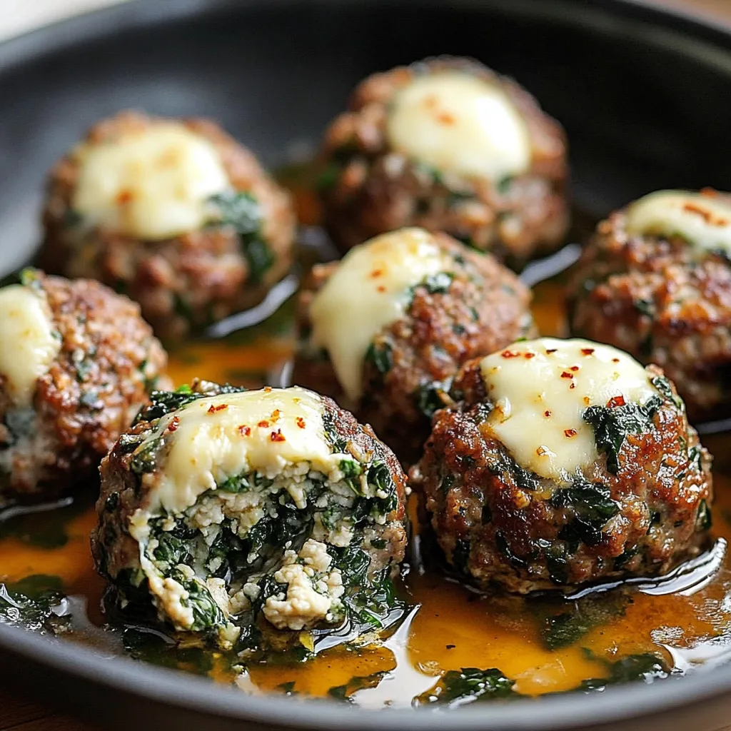 A plate of meatballs with cheese and spinach.