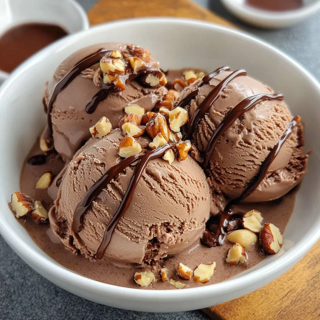 A bowl of ice cream with chocolate and nuts.