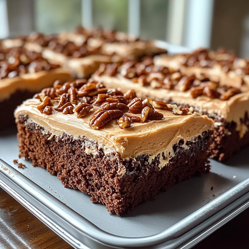 A slice of chocolate cake topped with pecans.