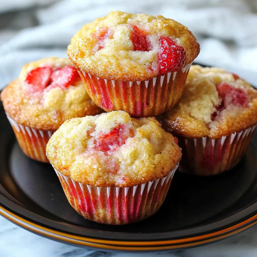 A dish of fluffy muffins topped with fresh strawberries.