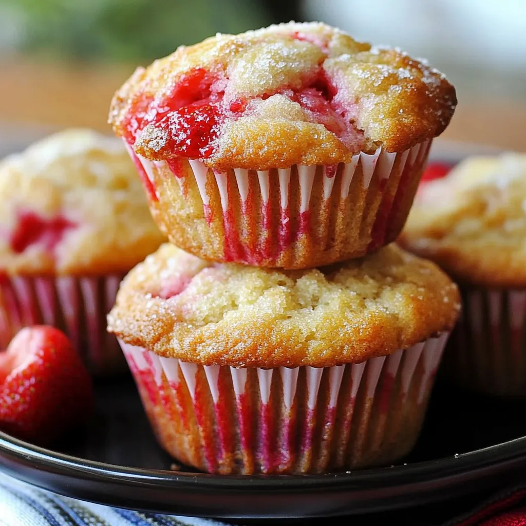 A plate of cupcakes with strawberries on top.