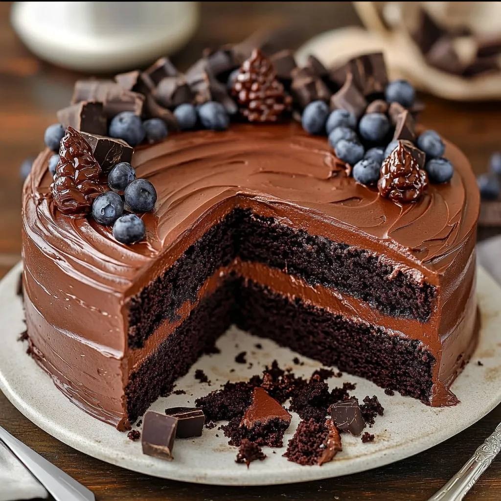 A chocolate cake slice topped with fresh blueberries.