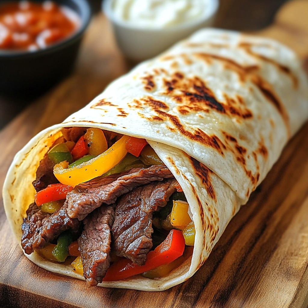 A warm tortilla filled with steak and veggies.