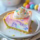 A delicious pie slice topped with whipped cream.