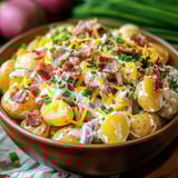 A bowl with potatoes, bacon, and toppings.